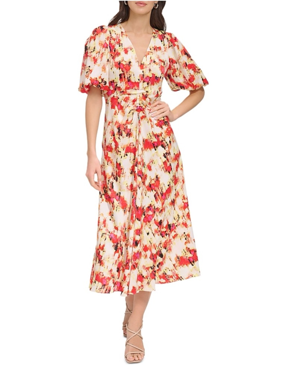DKNY Cream Midi Dress with Red and Coral Abstract Print